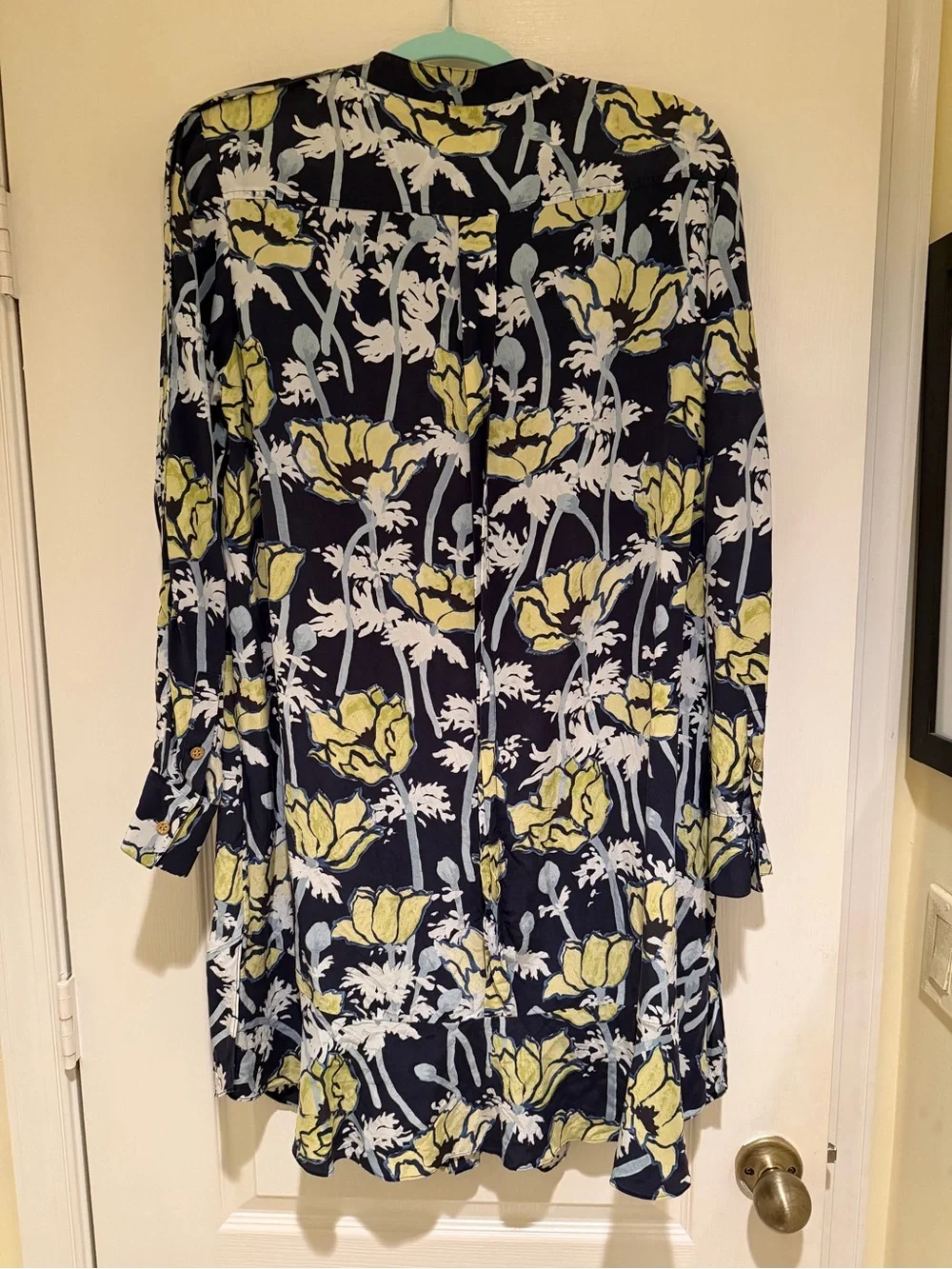 Tory Burch Navy Floral Pintuck Long Sleeve Tunic Dress with Yellow Accents